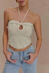 Aletta Knit Pearl Halter Top - Ivory