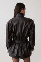 Adaline Faux Leather Cinch Waist Jacket - Dark Chocolate