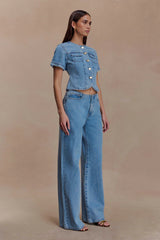 Marge Fitted Denim Short Sleeve Top - Classic Blue