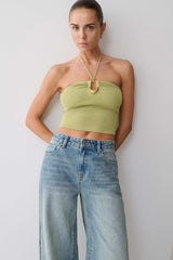 Dimitri Knit Halter Top With Hardware - Light Olive