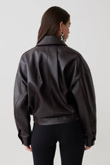 Paige Faux Leather Cropped Jacket - Cherry Brown