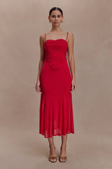 Willa Gathered Mesh Midi Dress - Ruby