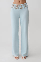 Miley Crochet Waistband Straight Leg Pant - Pale Aqua