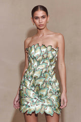 Juniper Hand Embroidered Floral Mini Dress - Gold/Teal