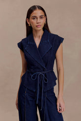 Charley Structured Tie Denim Top - Indigo Blue