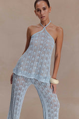 Corey Crochet Halter Neck Top - Light Blue