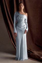 Iris Long Sleeve Satin Maxi Dress - Frosted Blue