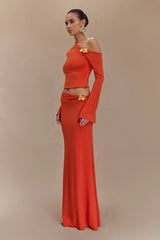 Ainsley Asymmetrical Maxi Skirt With Floral Hardware - Burnt Orange