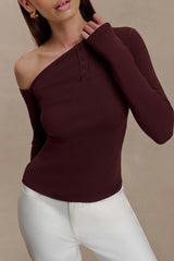 Maelle Off Shoulder Long Sleeve Top - Deep Chocolate