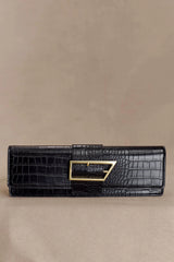 Jessica Faux Leather Crocodile Clutch - Black