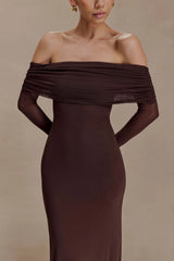 Josie Off Shoulder Mesh Maxi Dress - Dark Brown