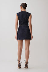 Loraine Mid Rise Denim Mini Skirt - Indigo Pinstripe