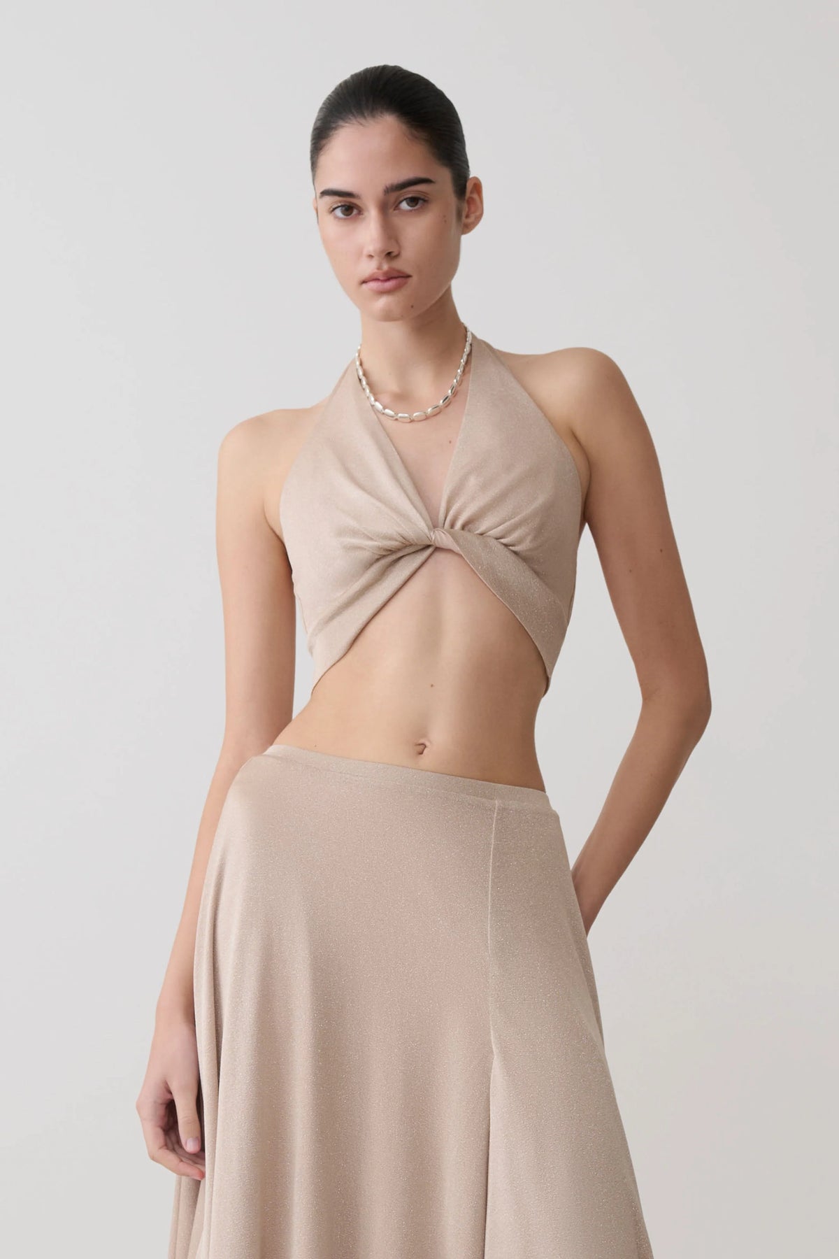 Nola Draped Lurex Halter Top - Gold
