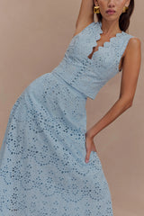 Arla Broderie Midi Skirt - Pale Cornflower Blue