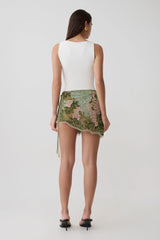 Garner Hand Beaded Mini Skirt - Green Electric Botanica Print