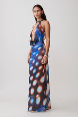 Ethel Mesh Cowl Plunge Maxi - Blue Abstract Print