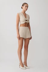 Anahita Linen Front Bows Short Sleeve Top - Natural