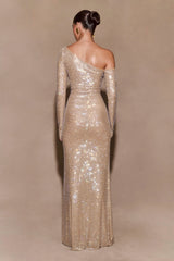 Marcia Diamante Long Sleeve Maxi Dress - Nude