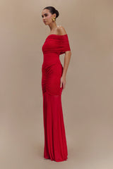 Caspian Slinky And Mesh Off Shoulder Maxi Dress - Ruby